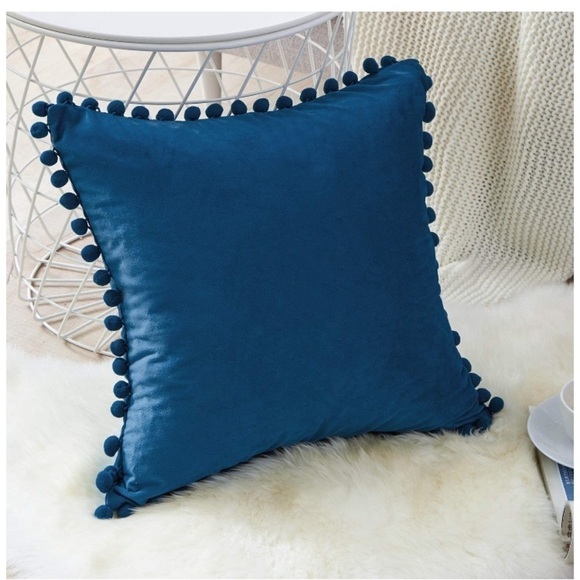 Trendy Navy Blue Modern Farmhouse Style Cute Pompom Throw Pillow Cover Set - Picture 3 of 16